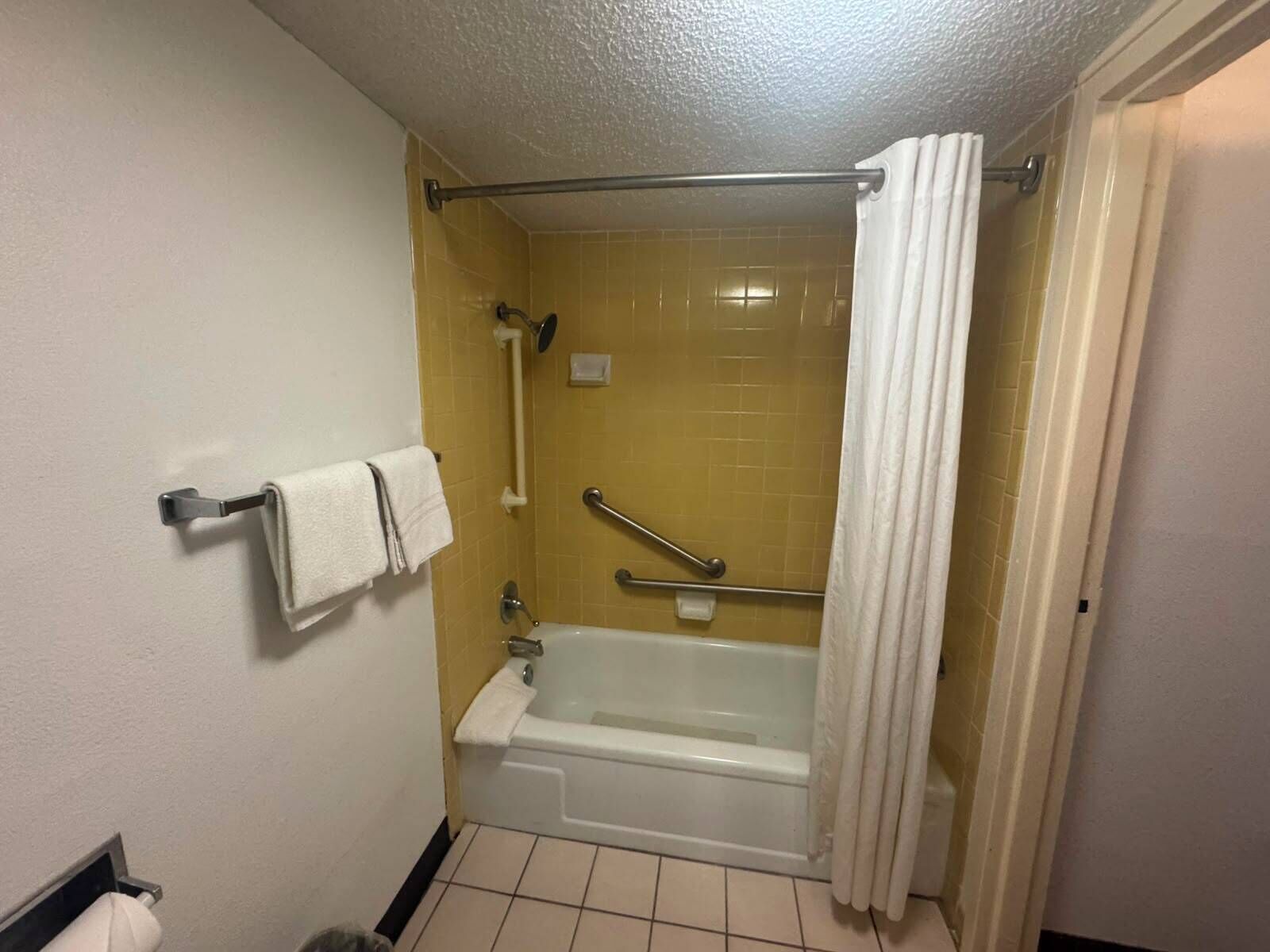 A bathroom with a bathtub, a shower with a grab bar, and a towel rack.