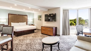 Habitación de hotel con cama, escritorio, silla, televisor y vistas al exterior.