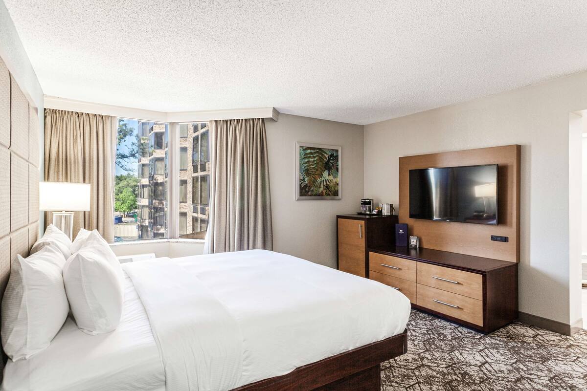 A hotel room with a large bed, a TV mounted on the wall, a wooden dresser, and a window with curtains.