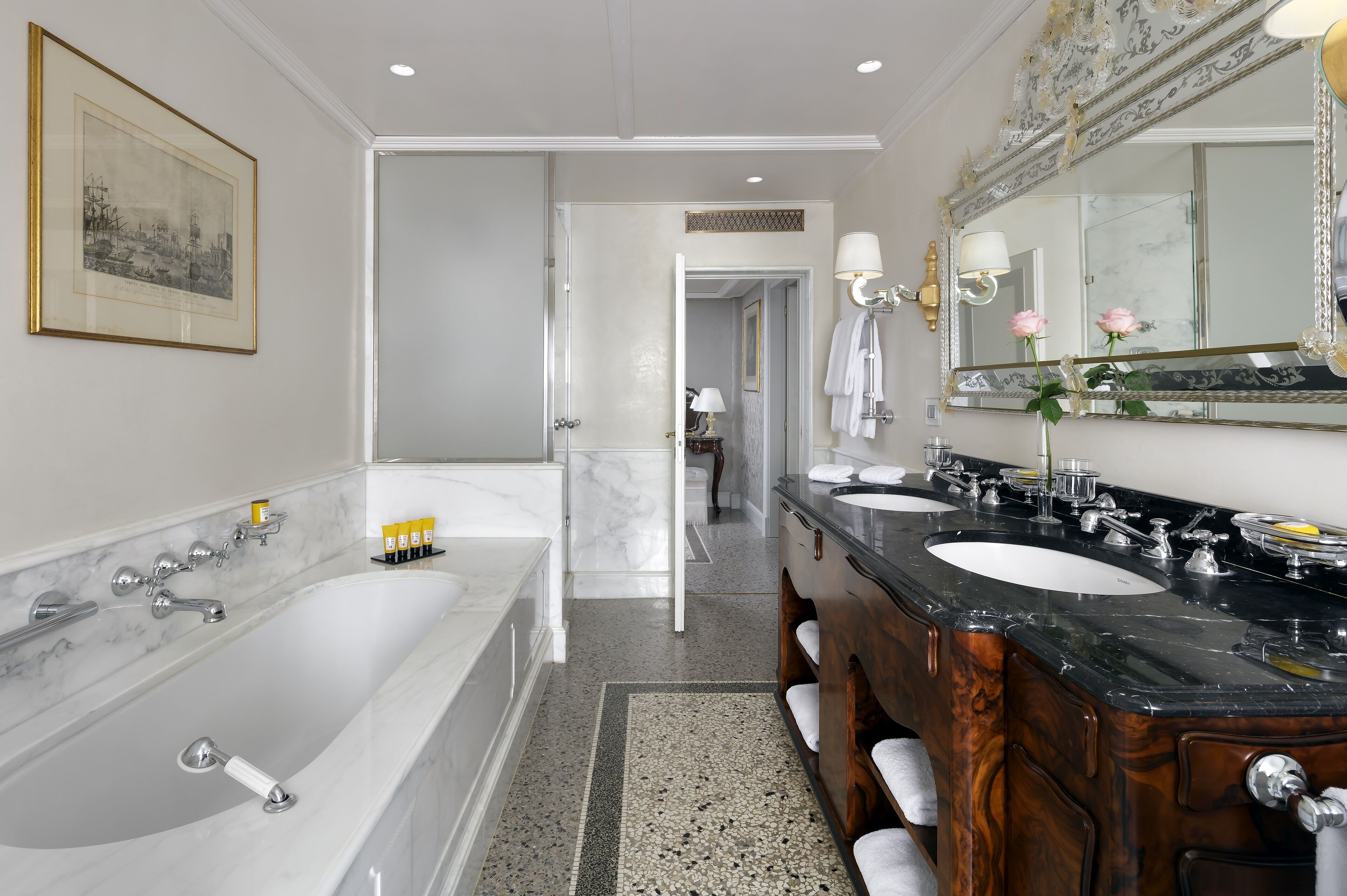 combined shower/bathtub, free toiletries, hair dryer, bathrobes