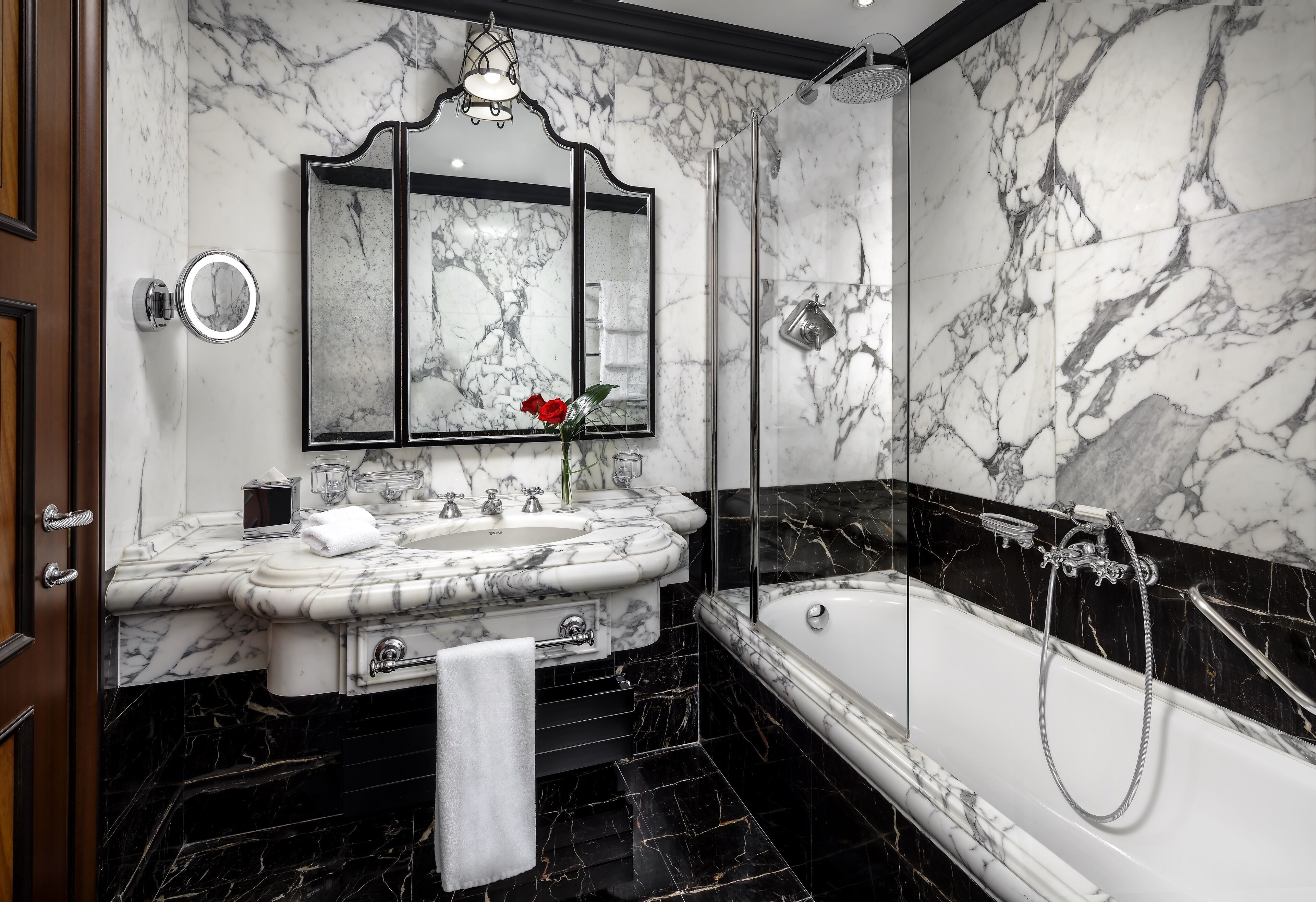 combined shower/bathtub, free toiletries, hair dryer, bathrobes