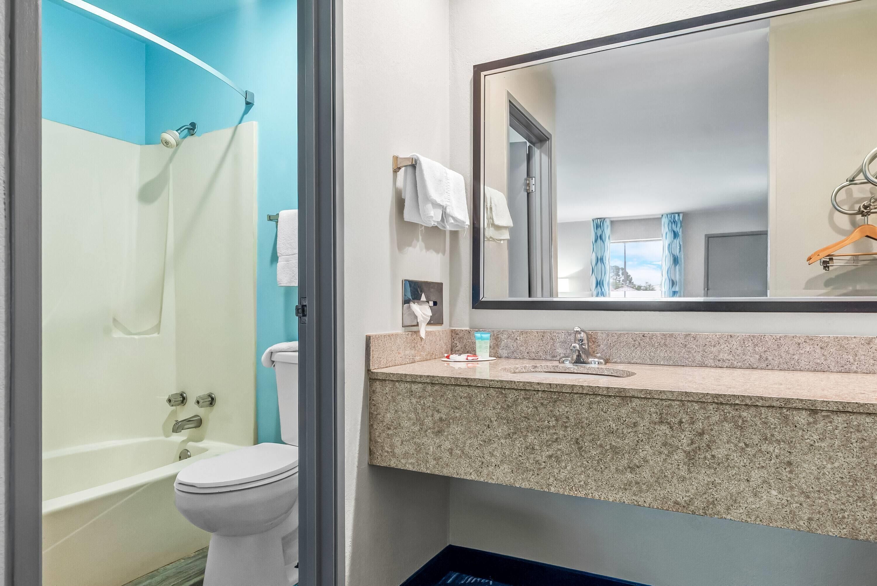 A bathroom with a shower, toilet, sink, and a large mirror.
