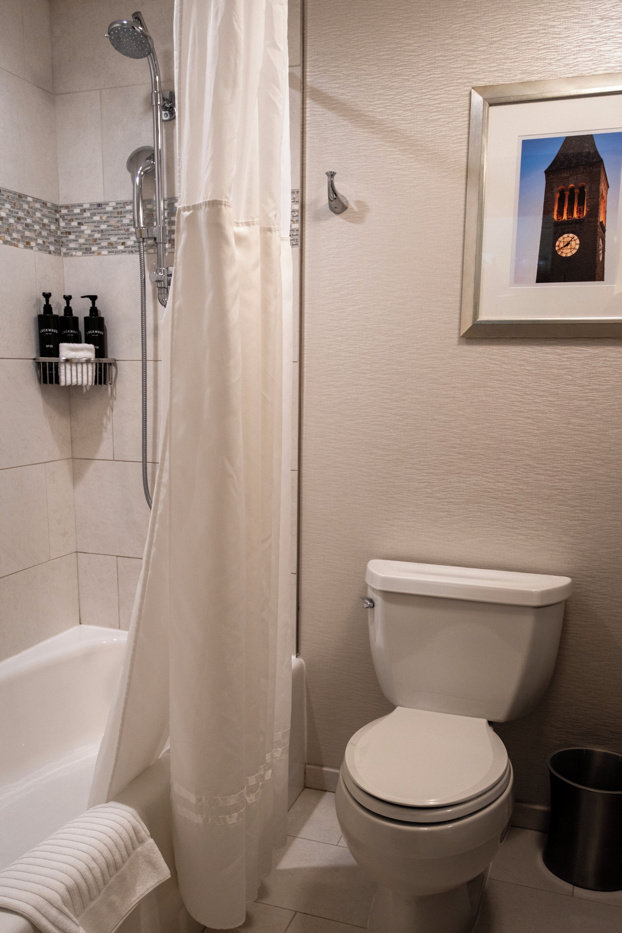 Un bagno con doccia, WC e un quadro appeso al muro.