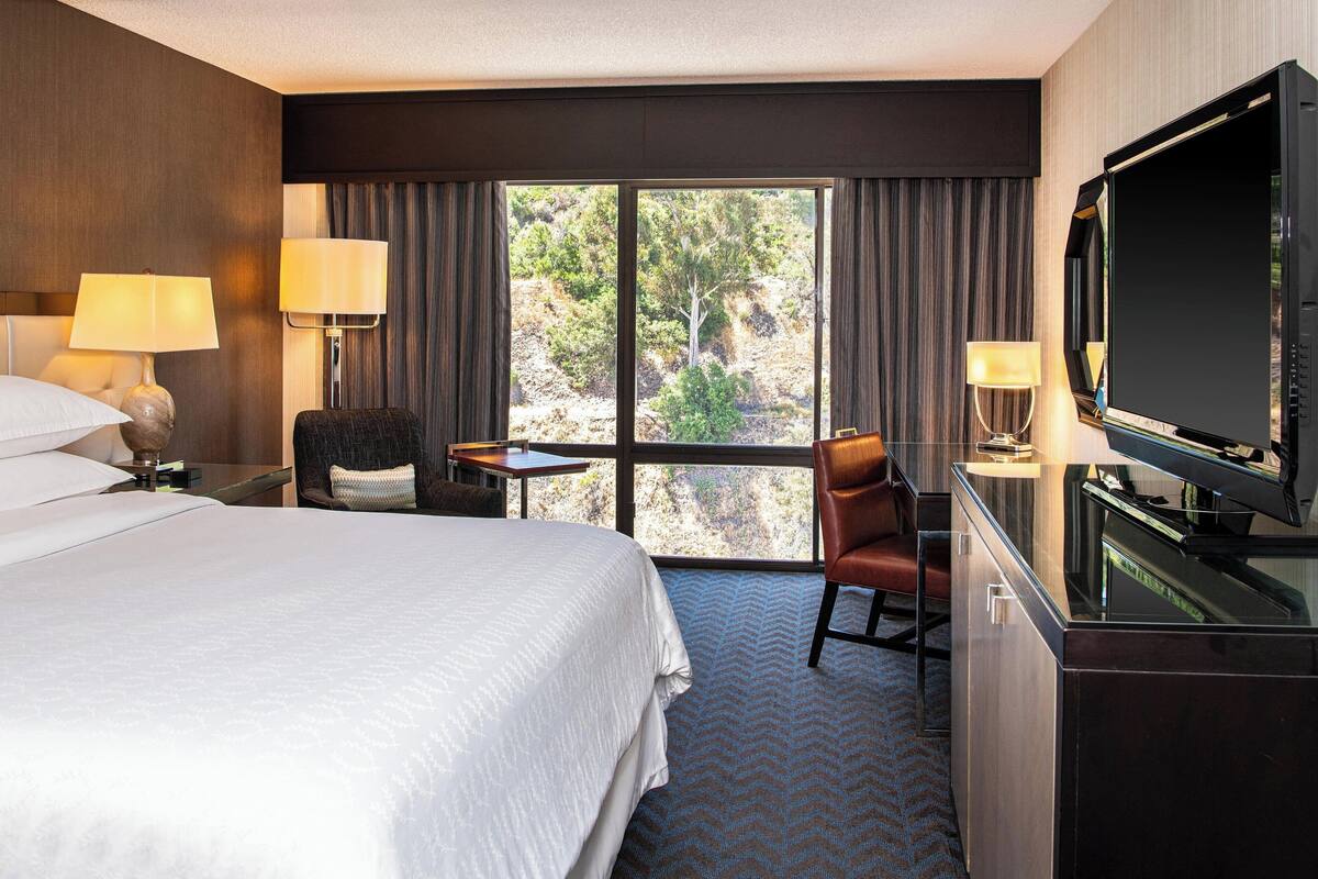 Une chambre d’hôtel avec un grand lit, un bureau avec une chaise, une télévision et une vue sur l’extérieur grâce à une grande fenêtre.