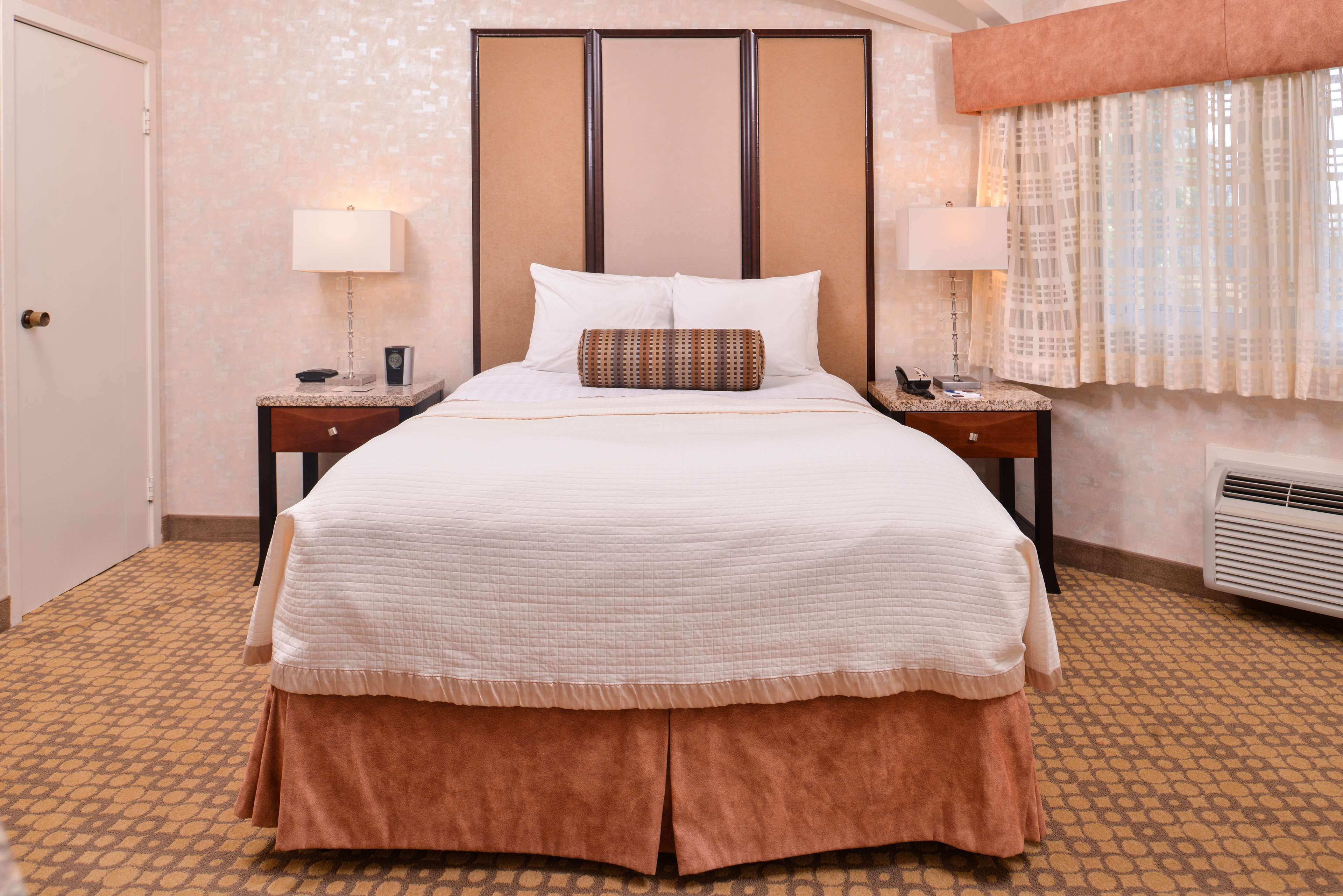A hotel room with a large bed, two bedside tables, a nightstand, a wall-mounted lamp, a window with sheer curtains, and a patterned carpet.