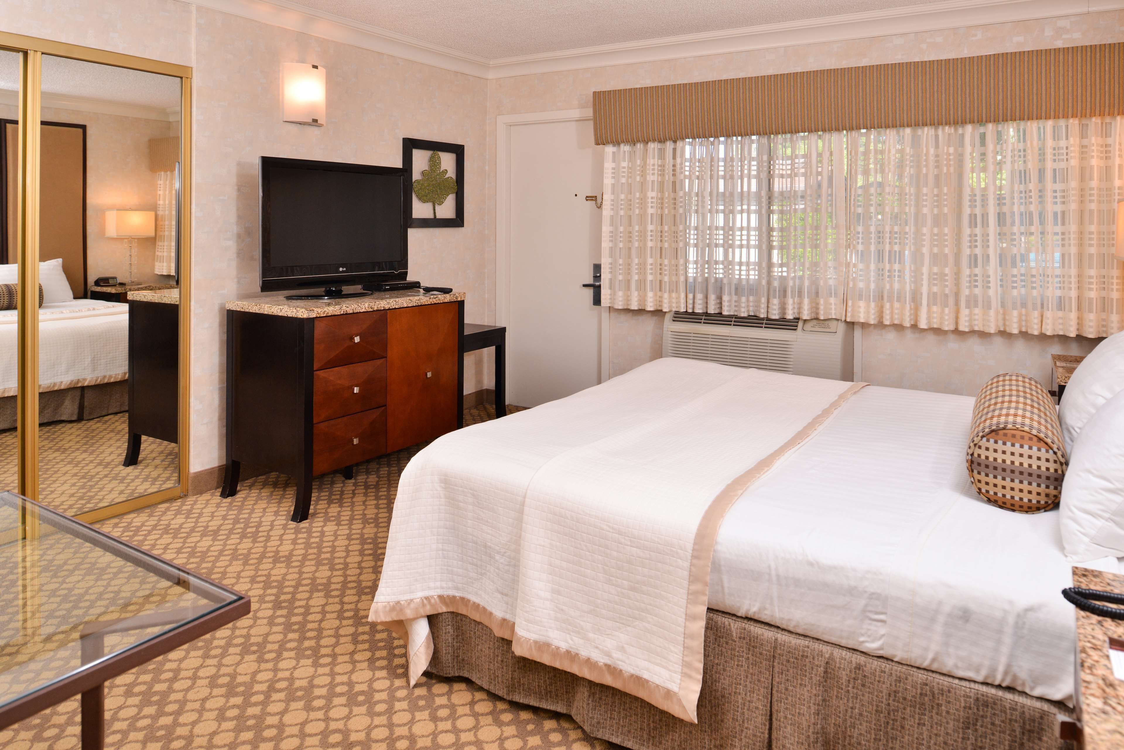 A hotel room with a bed, a television, a dresser, a mirror, and a window with curtains.