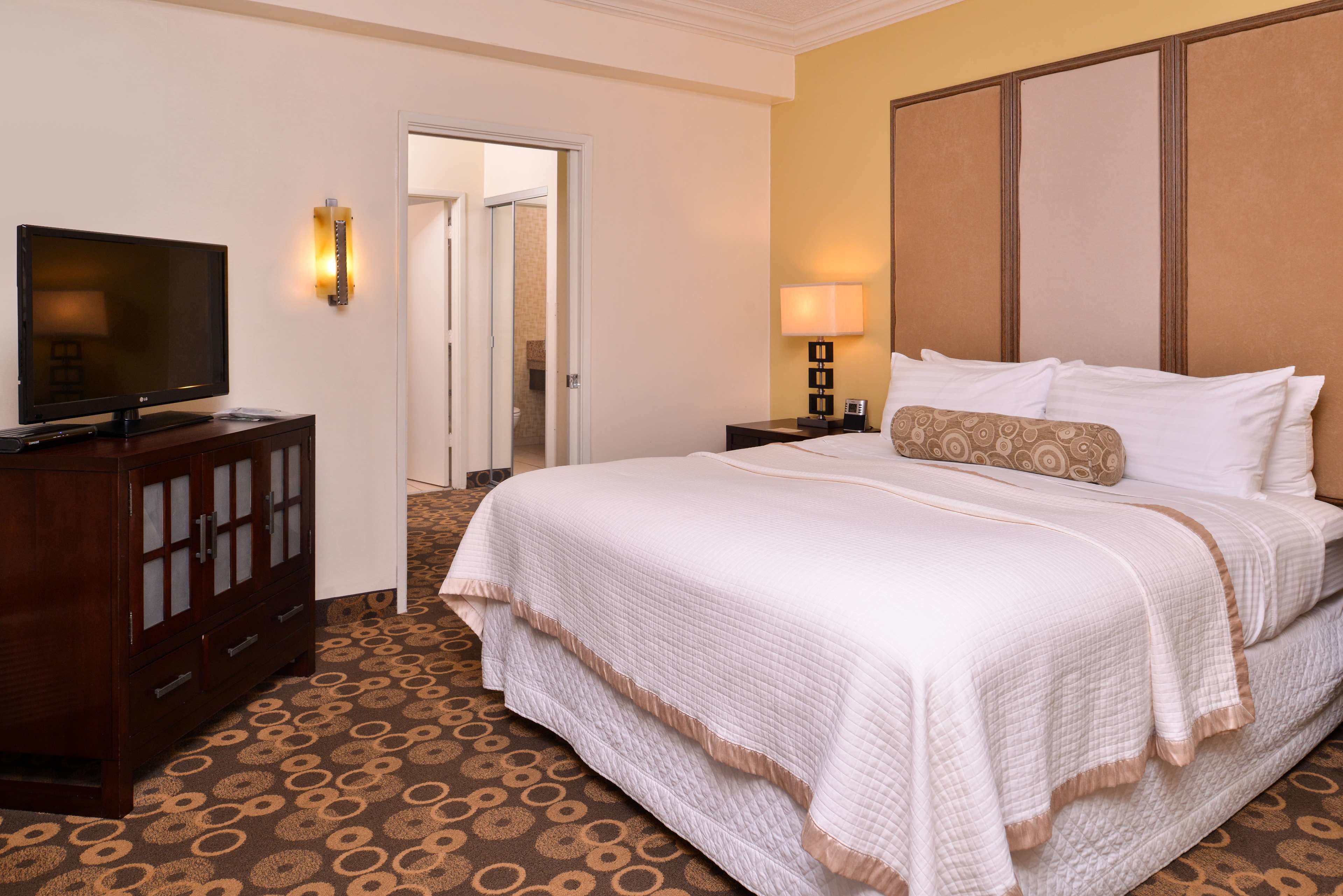 Quarto de hotel com uma cama grande, uma televisão sobre um móvel de madeira, uma mesa de cabeceira com abajur e um tapete estampado.
