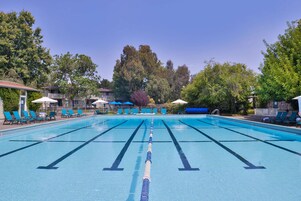 Una piscina al aire libre de temporada, sombrillas