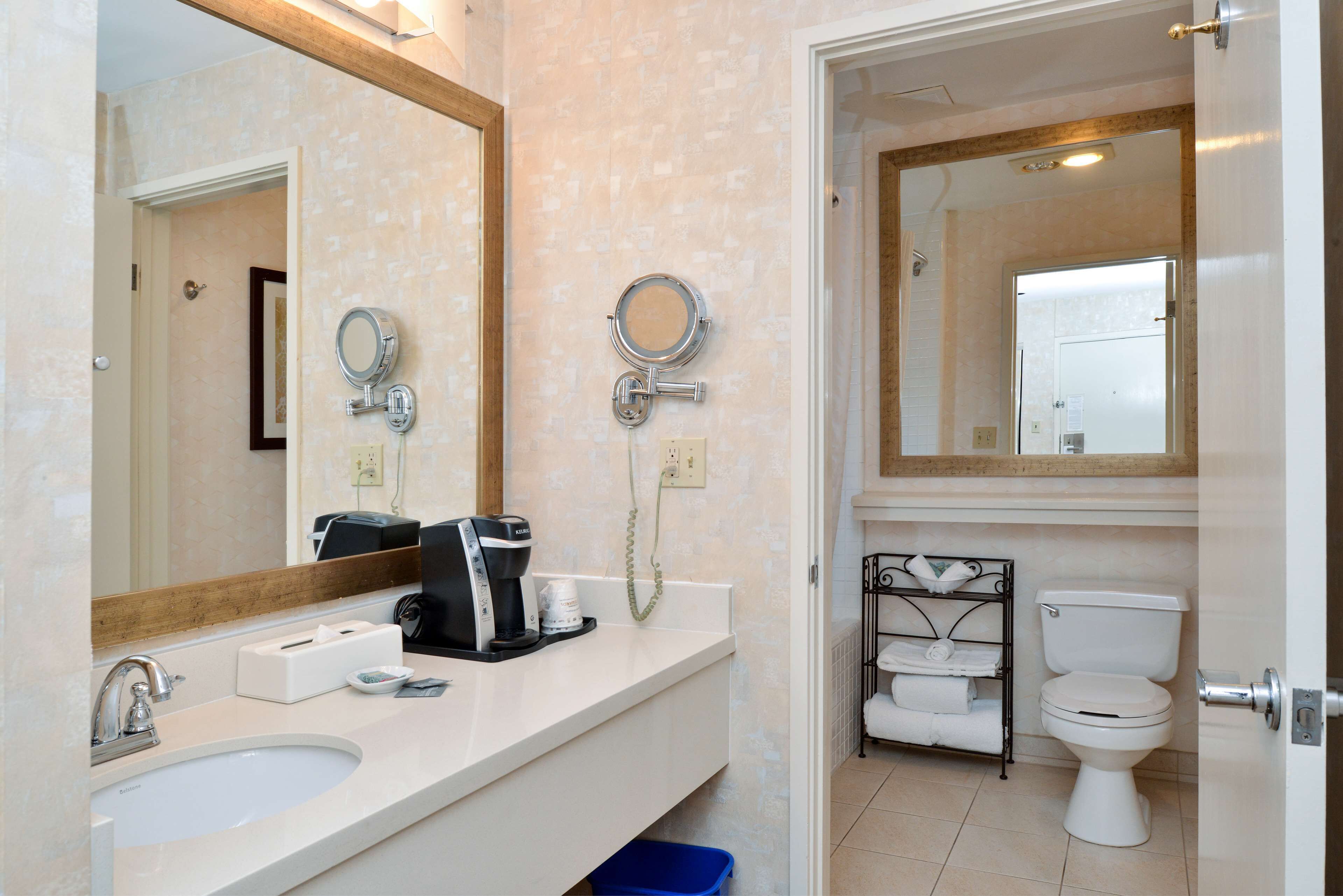 deluxe room, 1 king bed, refrigerator, courtyard area | bathroom | combined shower/bathtub, free toiletries, hair dryer, towels