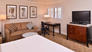 Una habitación de hotel con cama, escritorio, televisión, silla y sofá.