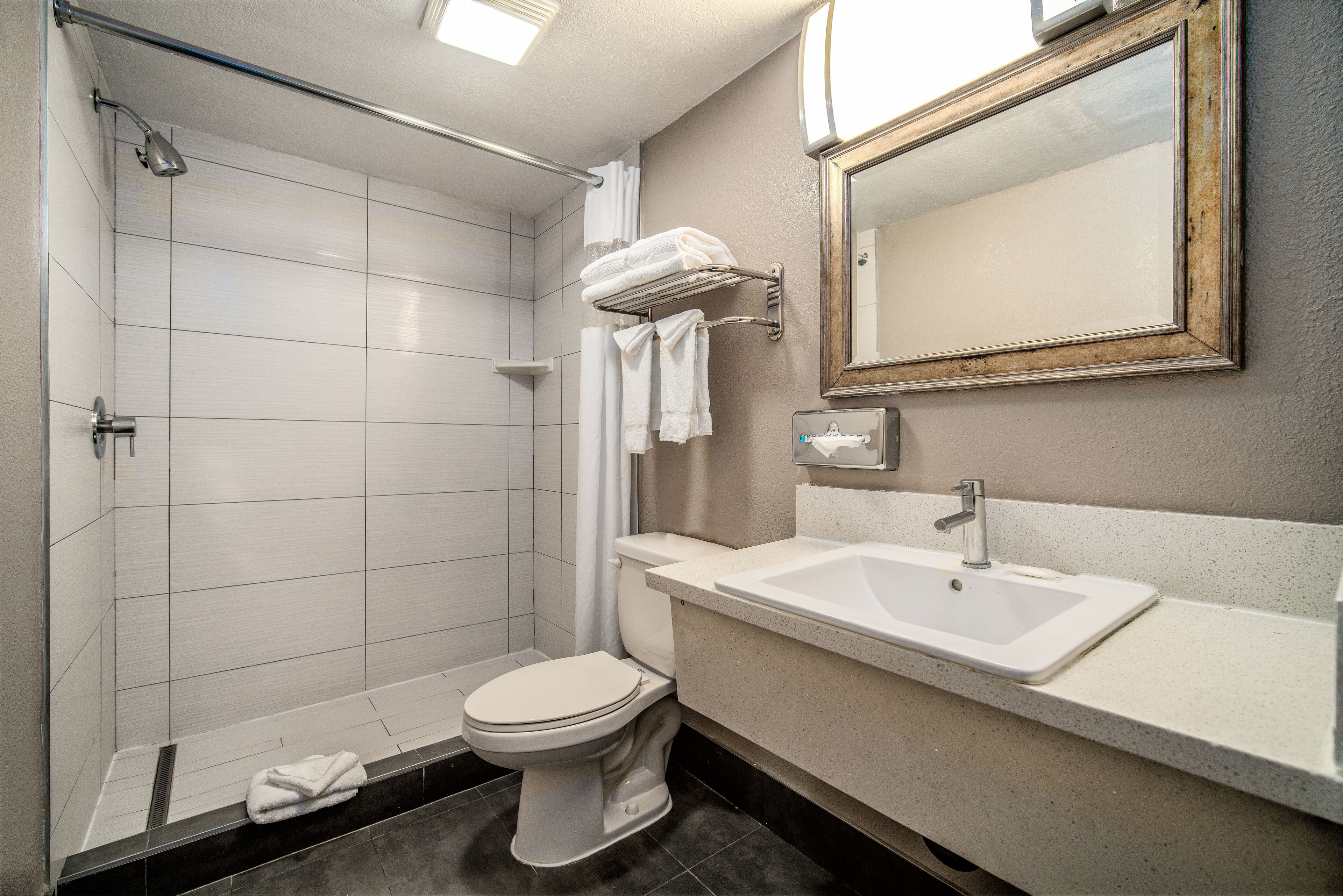 A modern bathroom with a shower, toilet, sink, and mirror.