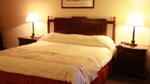 Una habitación de hotel estándar con una cama de madera, dos mesitas de noche y lámparas.