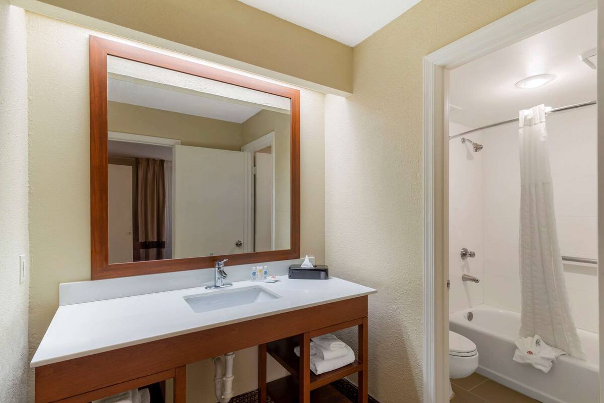 combined shower/bathtub, jetted bath, free toiletries, hair dryer