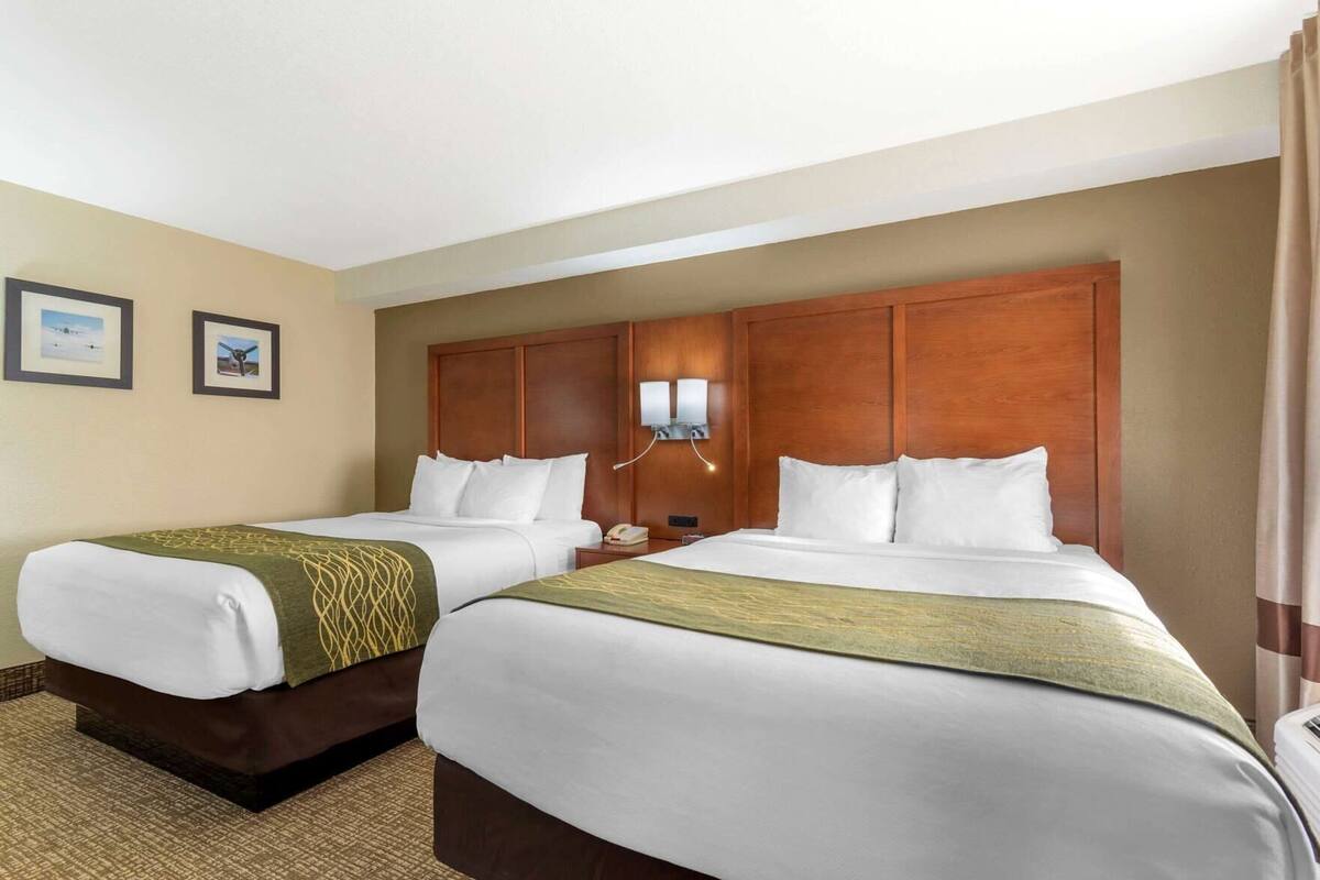 A hotel room with two beds, a wooden headboard, a bedside table with a lamp, and a wall-mounted phone.