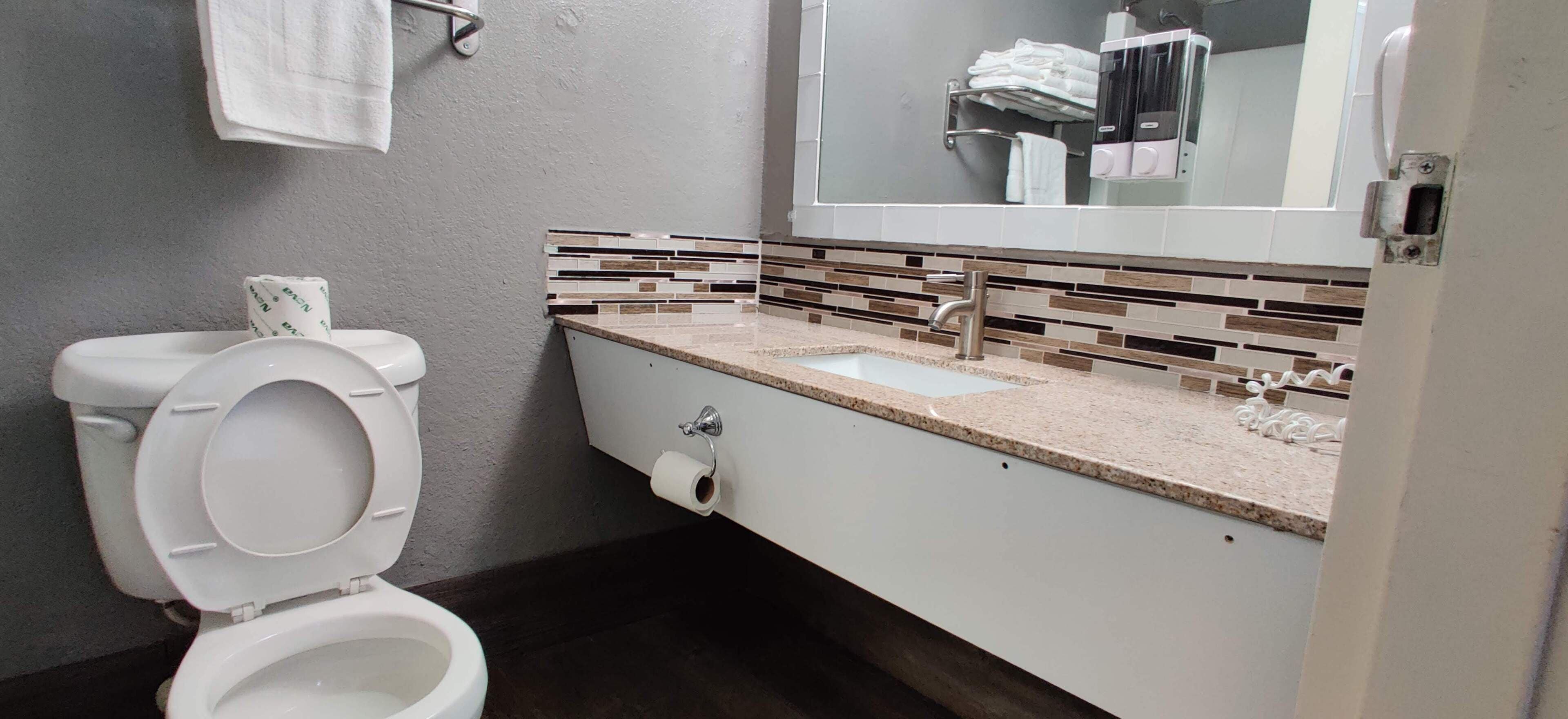 A modern bathroom with a toilet, sink, and mirror.