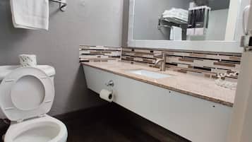 A modern bathroom with a toilet, sink, and mirror.