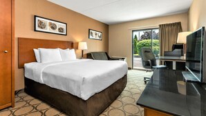 Una habitación de hotel con una cama grande, un escritorio con televisor, una silla y una puerta.
