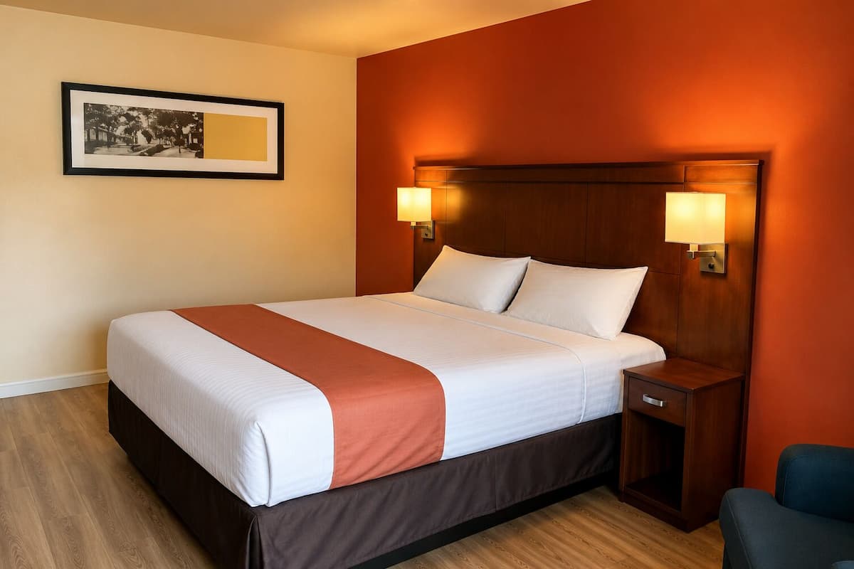 A hotel room with a large bed, two bedside tables, a nightstand, and a framed picture on the wall.