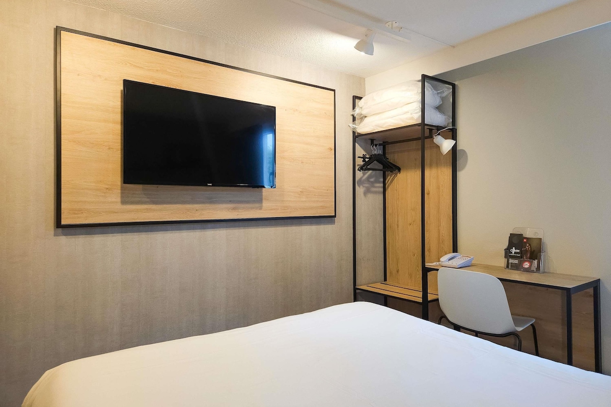 Una habitación de hotel con una cama, un escritorio con silla, un televisor de pantalla plana montado en la pared, un espejo y un perchero.