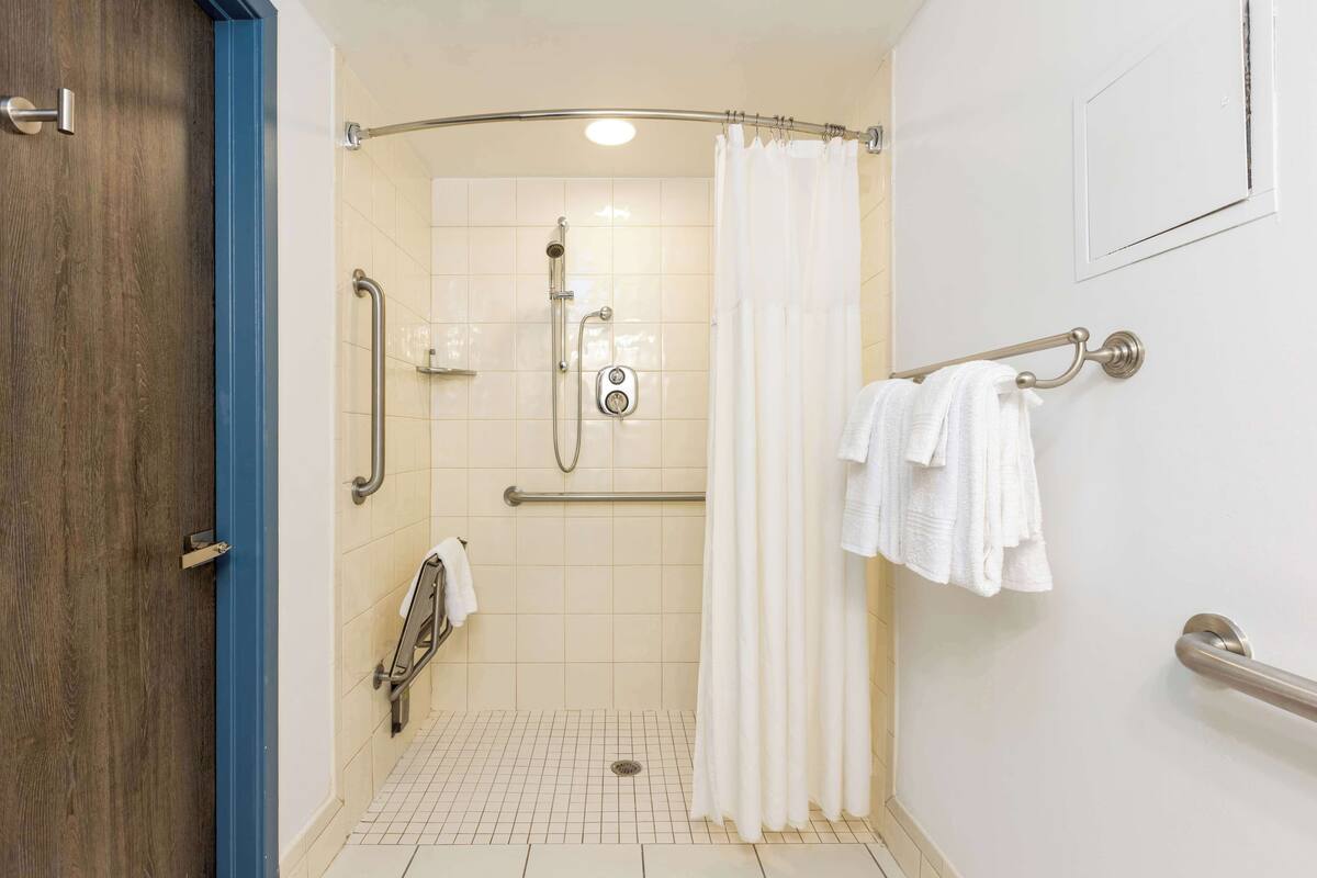 Ein modernes Badezimmer mit Dusche, Haltegriffen, einem Handtuchhalter und einer Holztür.