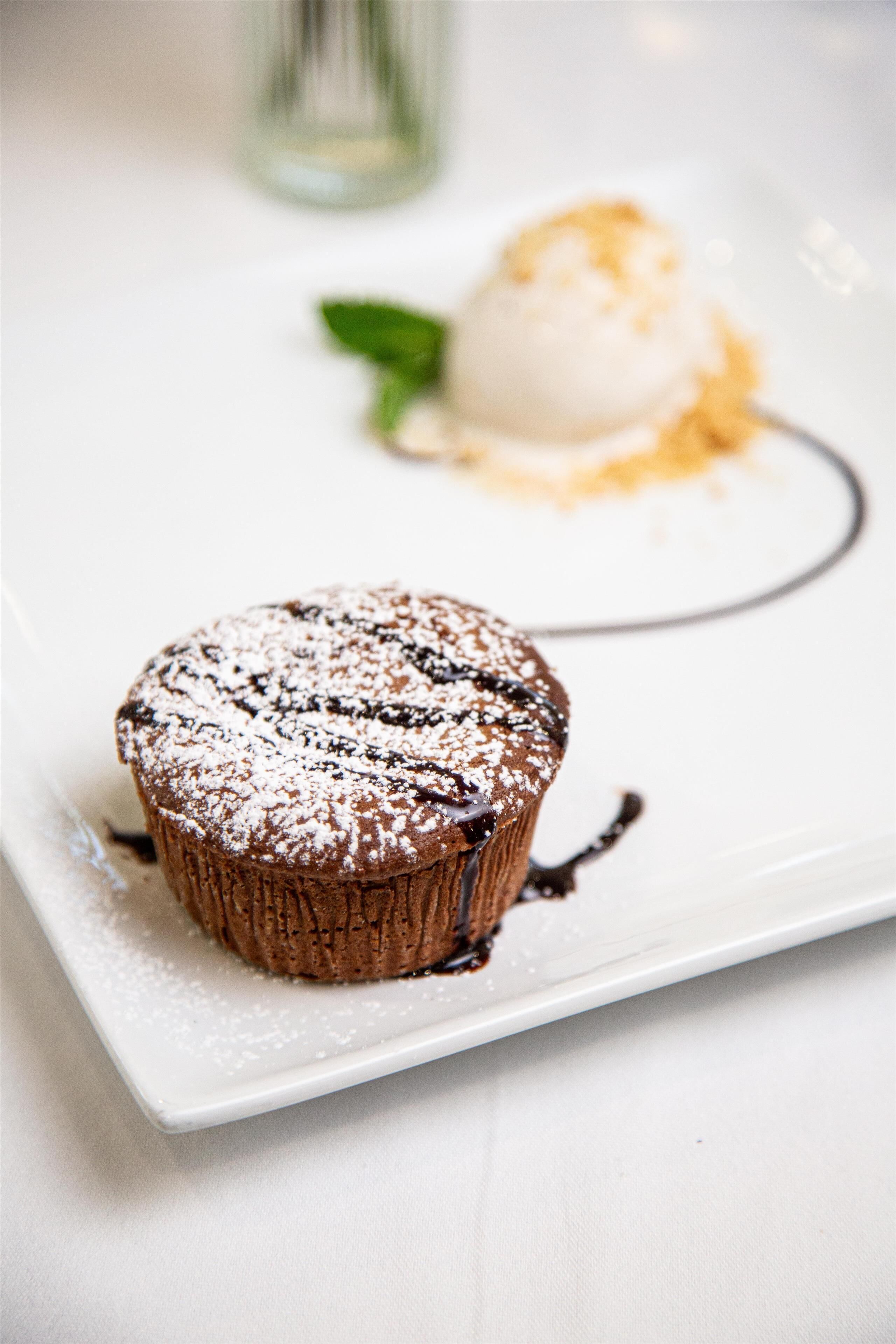 Um prato de sobremesa com um muffin de chocolate e uma bola de sorvete de baunilha.
