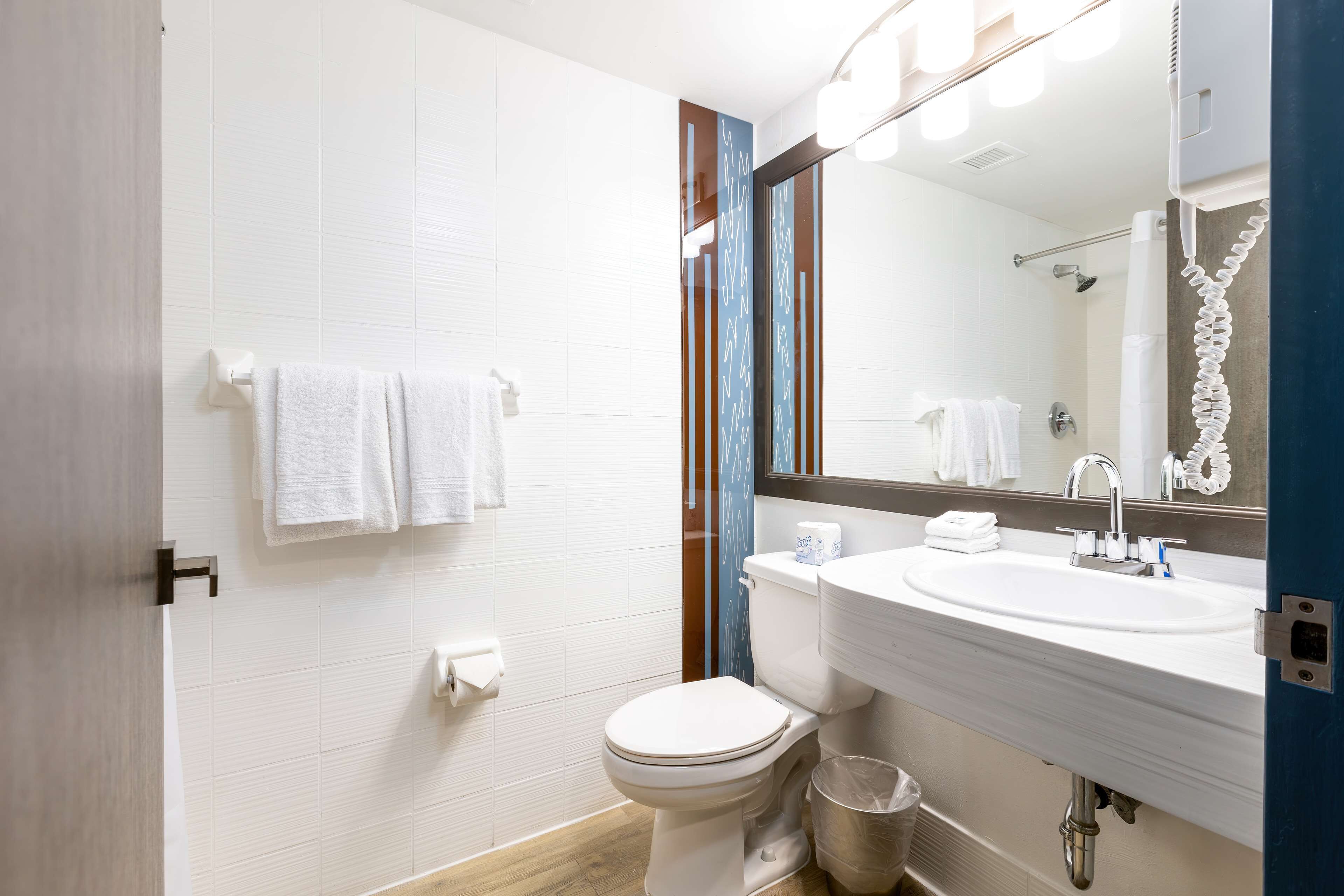 A modern bathroom with a white toilet, a sink with a mirror above, and a shower area.