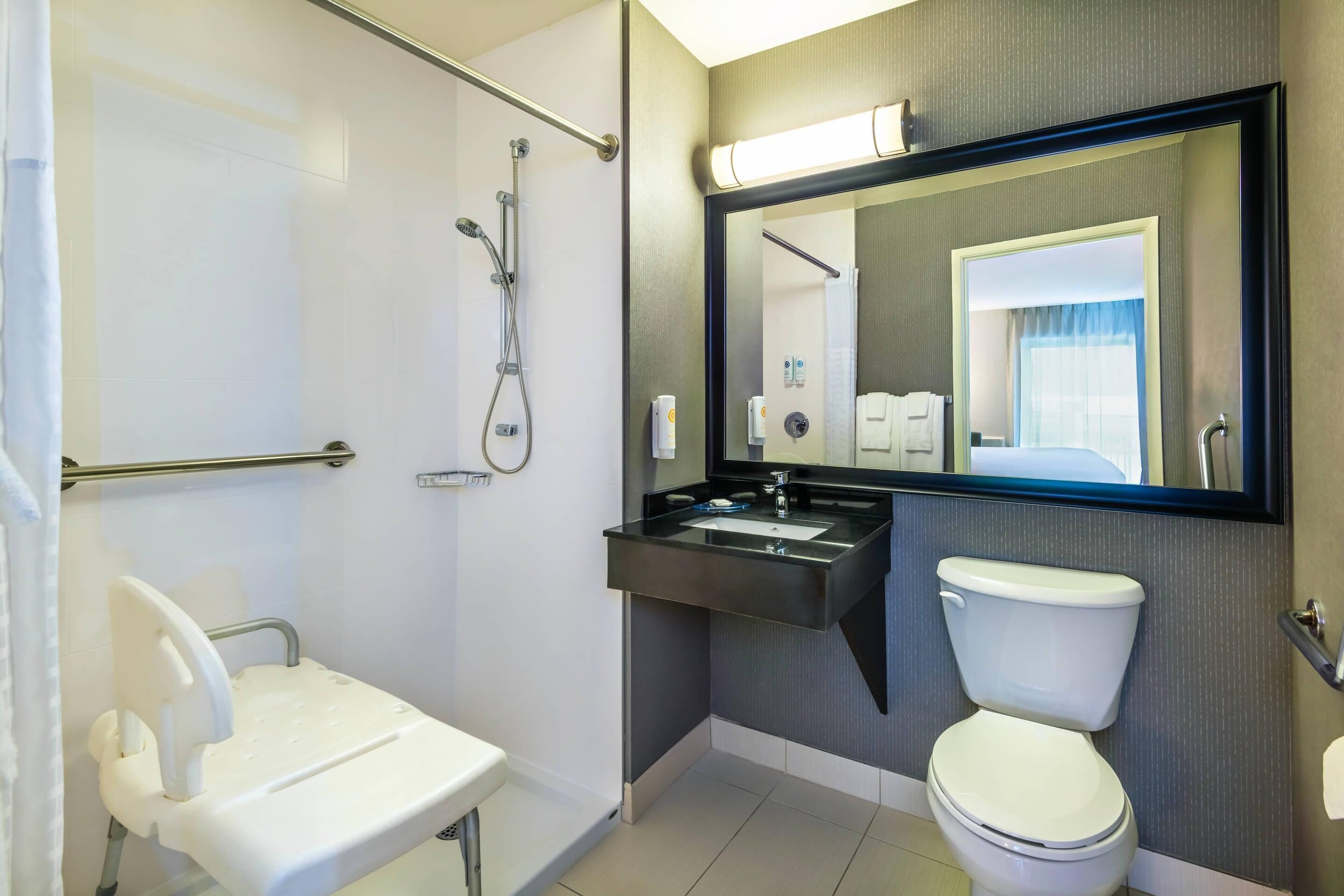A modern bathroom with a shower, toilet, sink, and a large mirror.