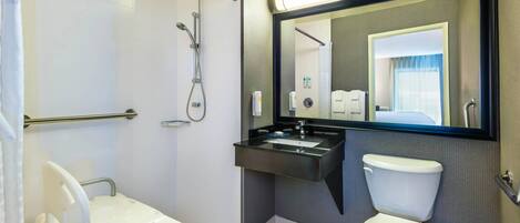 A modern bathroom with a shower, toilet, sink, and a large mirror.