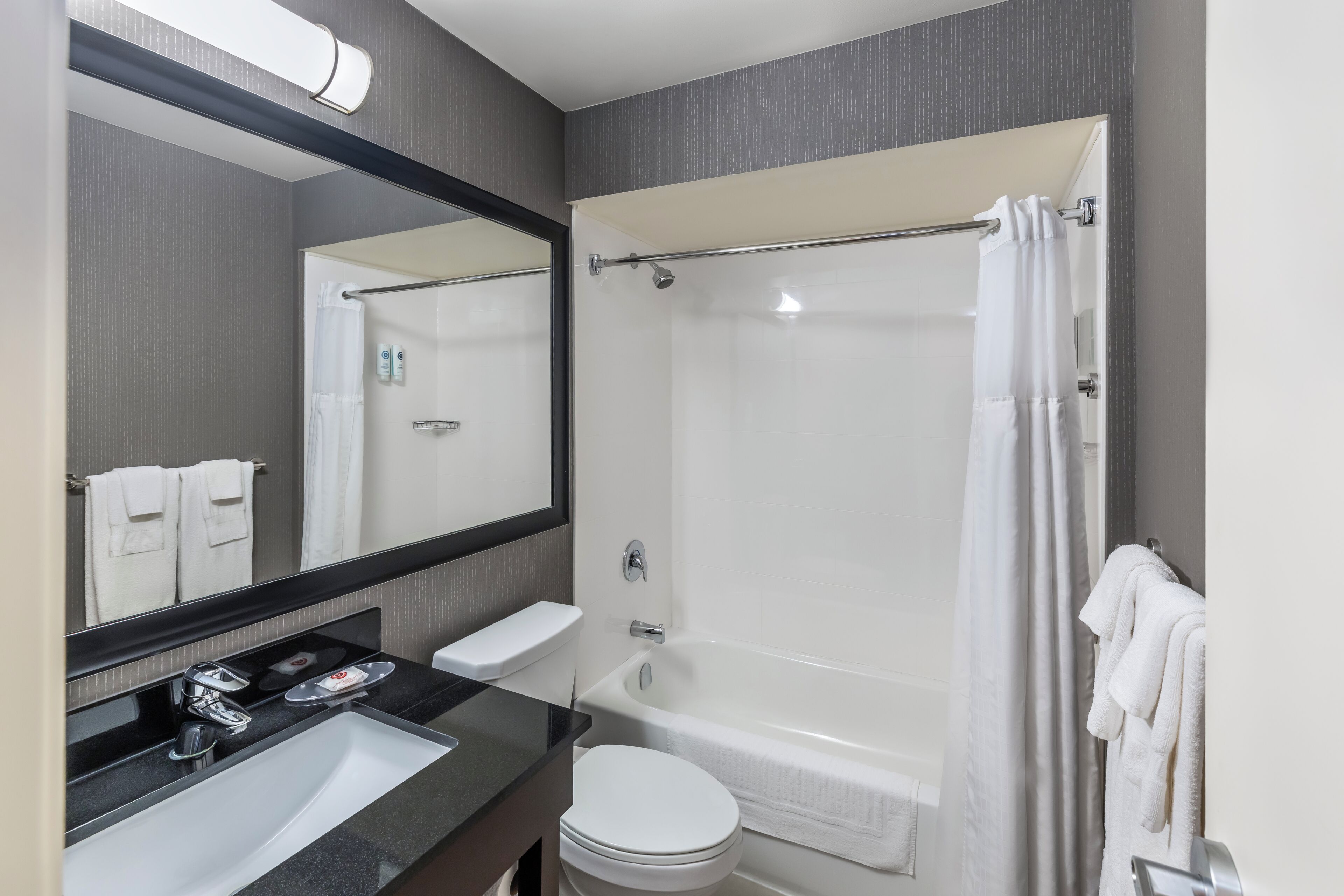 Un baño moderno con lavamanos, inodoro y ducha.