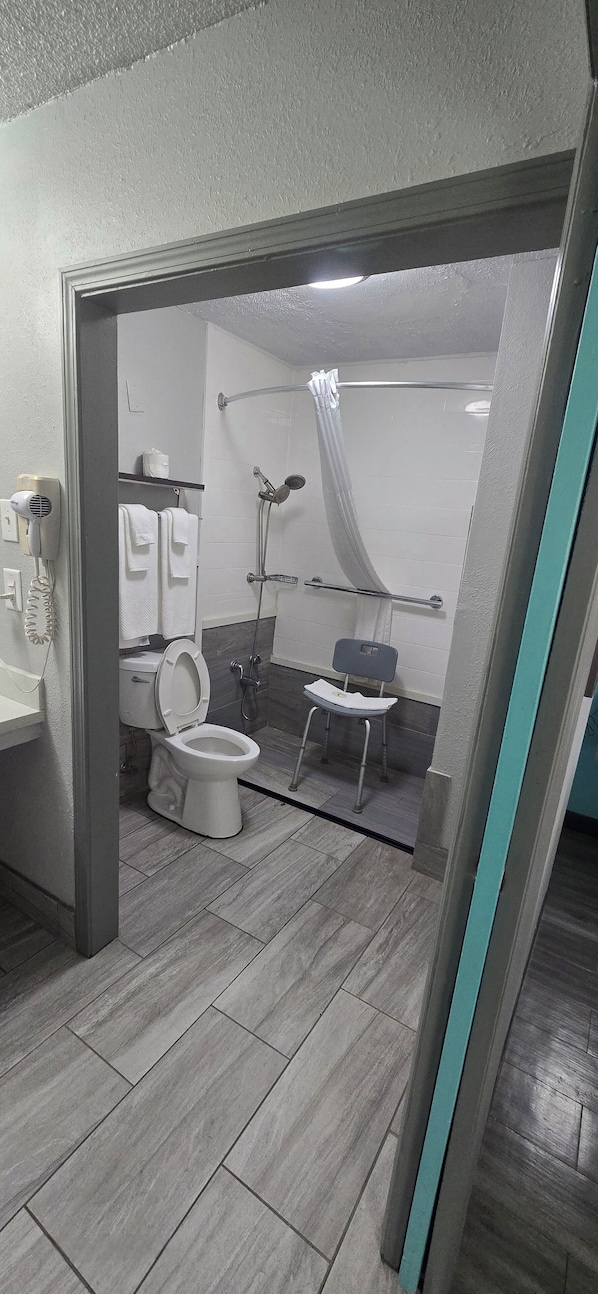 Room, 1 King Bed, Accessible, Non Smoking | Bathroom | Combined shower/bathtub, hair dryer, towels, soap