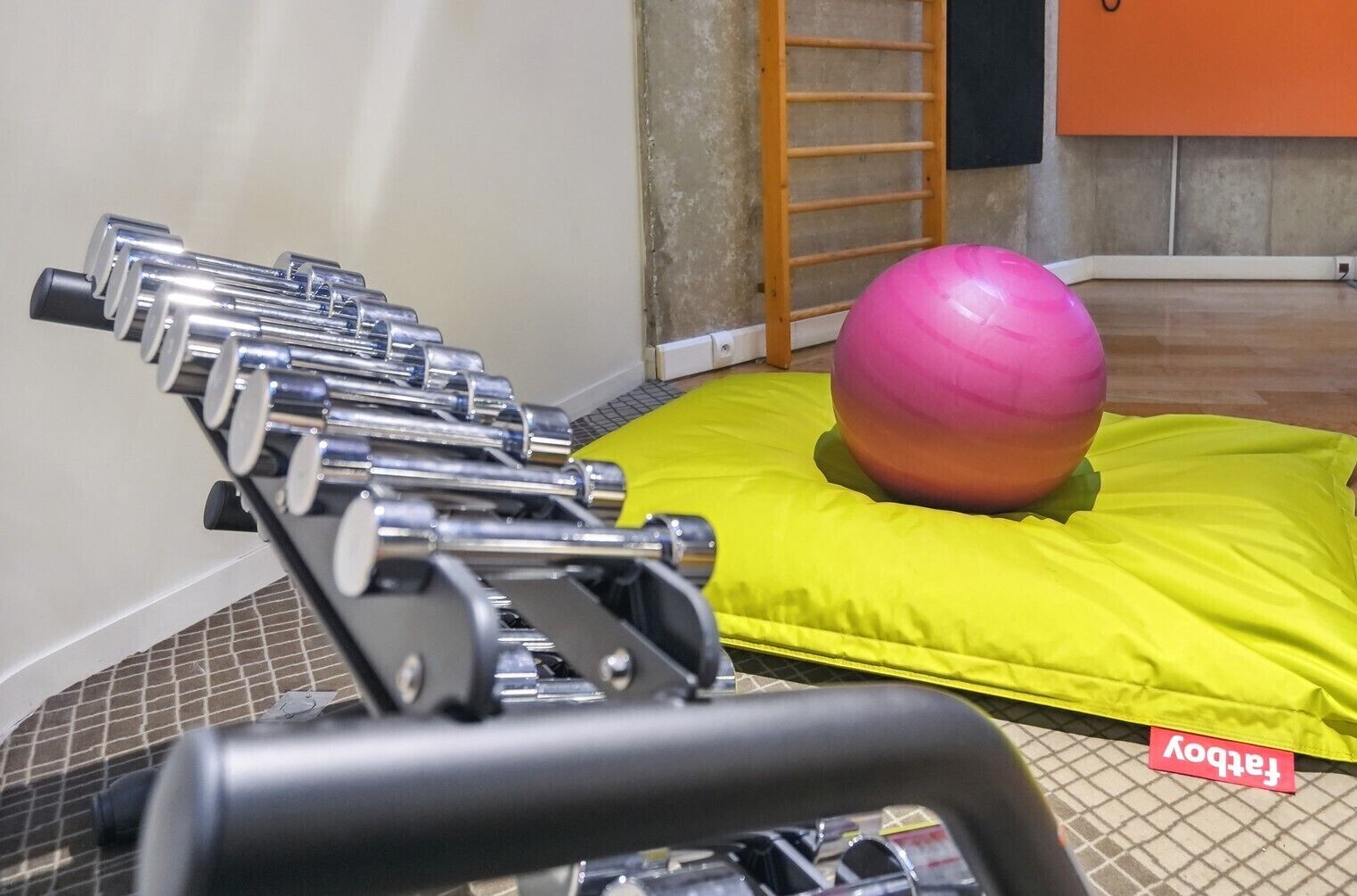 A gym with exercise equipment and a pink exercise ball on a yellow mat.