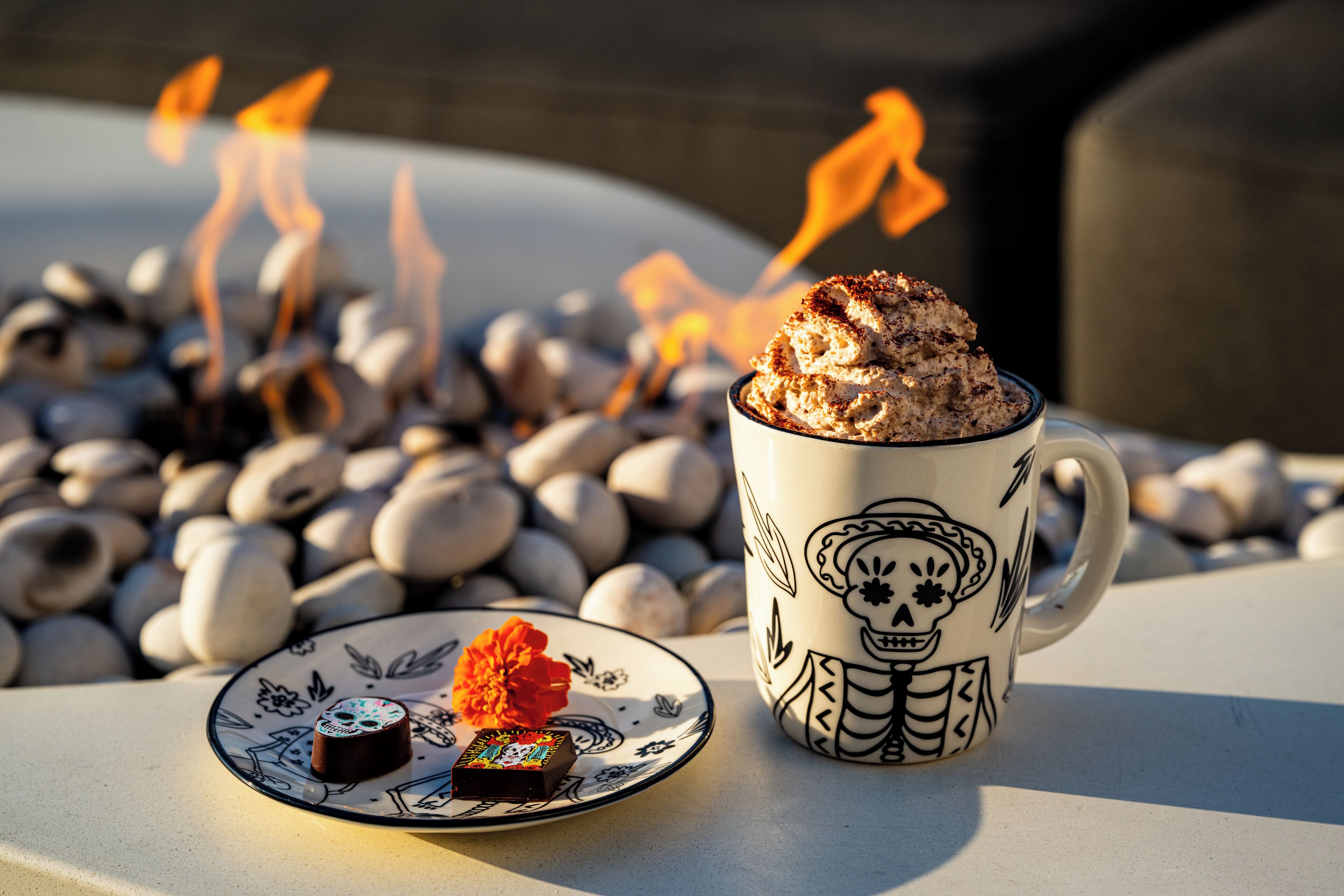 A mug with a skull design, a plate with a flower and a chocolate, and a fire in the background.