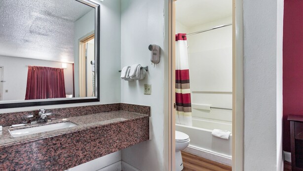 A bathroom with a granite countertop sink, a mirror, a towel rack, a hairdryer, and a shower with a striped curtain.