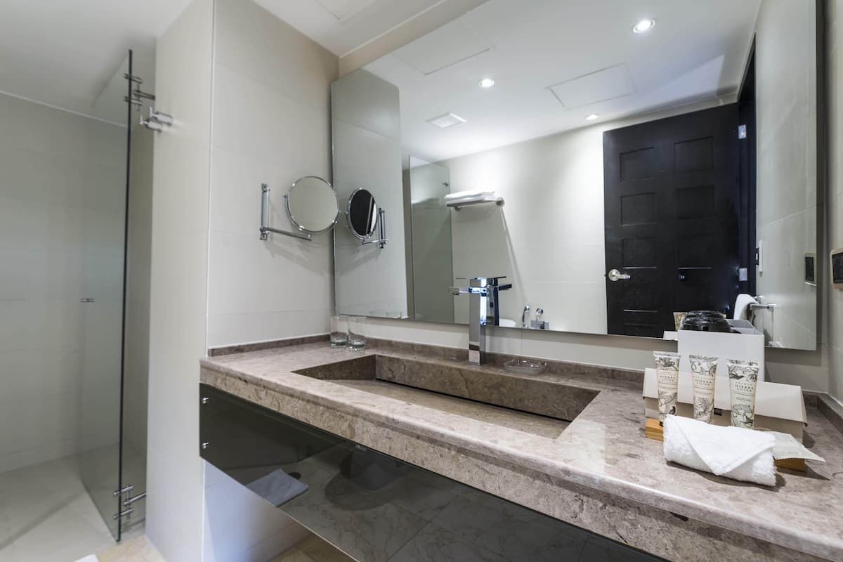 suite, 1 king bed | bathroom | shower, rainfall showerhead, free toiletries, hair dryer