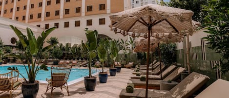 Outdoor pool, open 10:00 AM to 9:00 PM, pool umbrellas, sun loungers