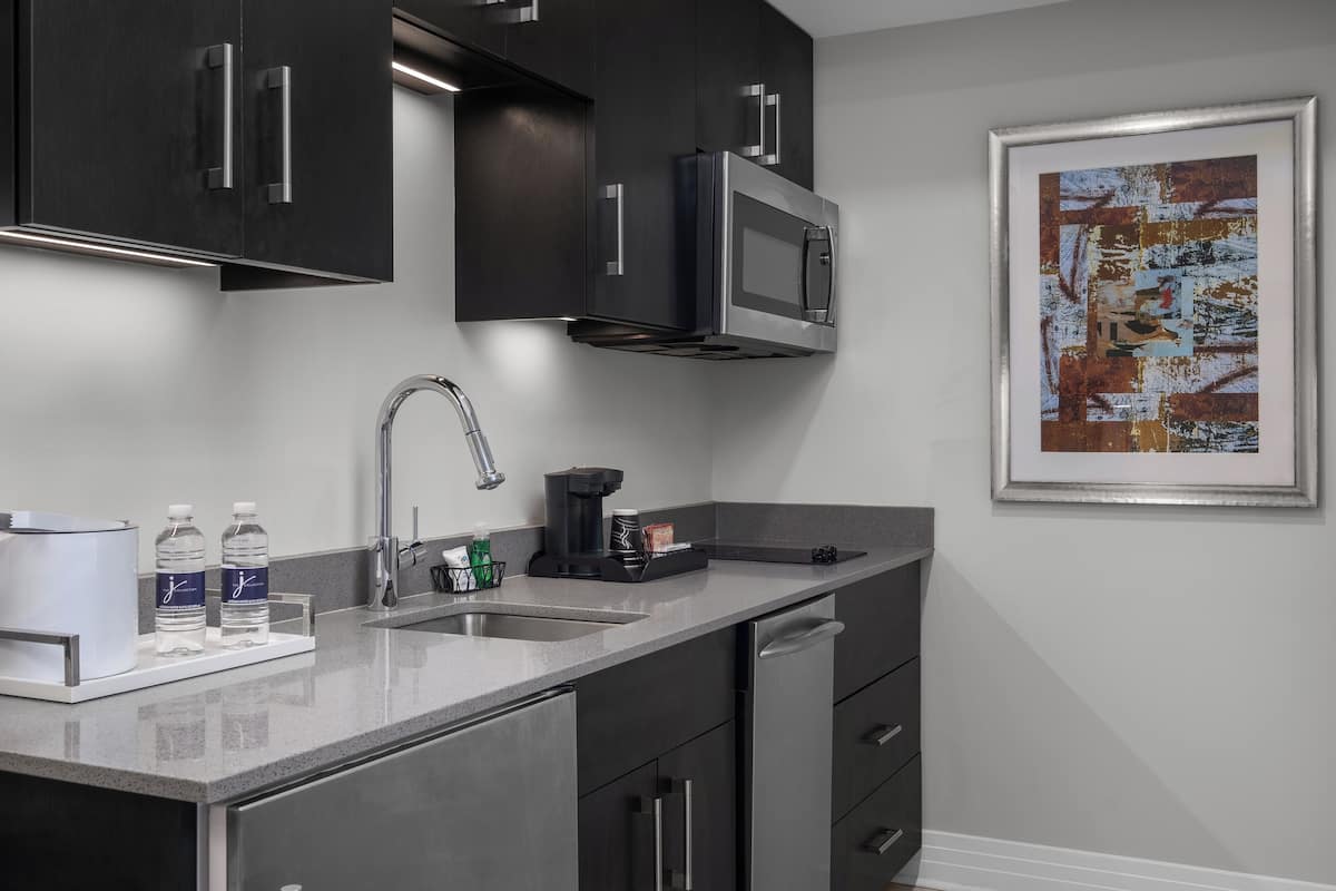 A modern kitchen with dark cabinetry, stainless steel appliances, a double sink, and a coffee maker.