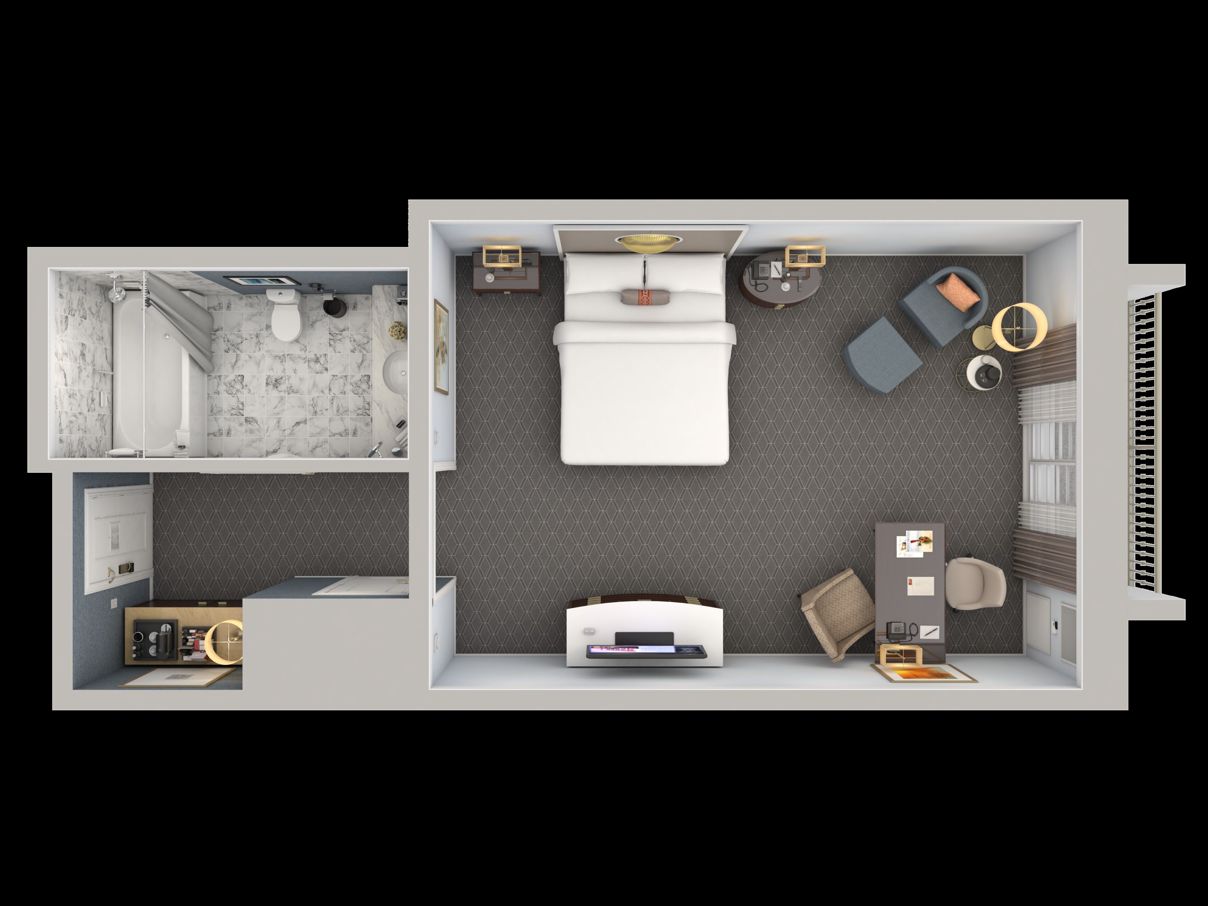 A hotel room with a bed, a desk, a chair, a small table, a sofa, a TV, a safe, and a bathroom with a shower, toilet, and sink.