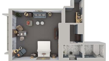 A 3D floor plan of a modern apartment with a living room, kitchen, bathroom, and a small balcony.