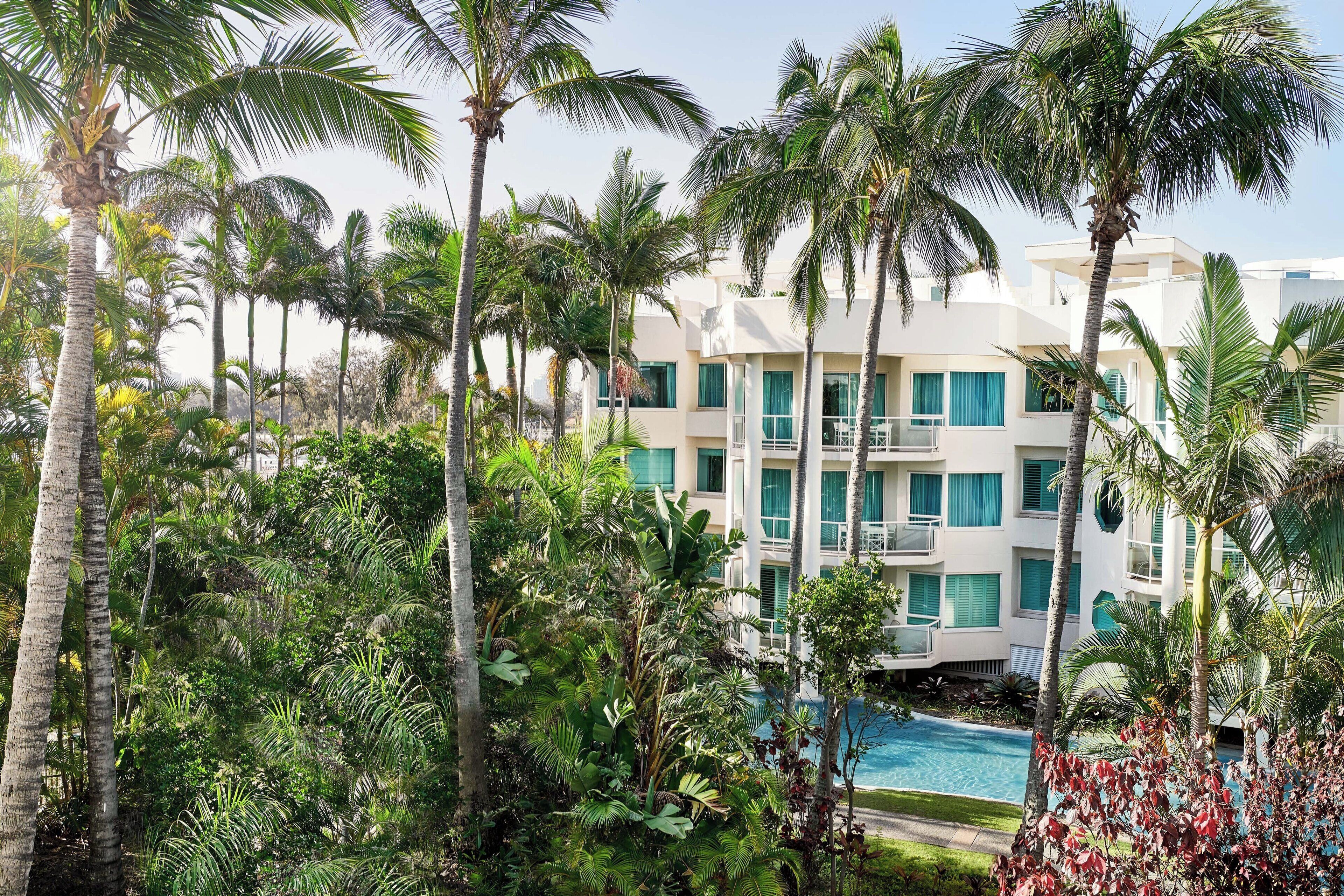 Un hotel de varios pisos con piscina rodeada de abundante vegetación y palmeras.