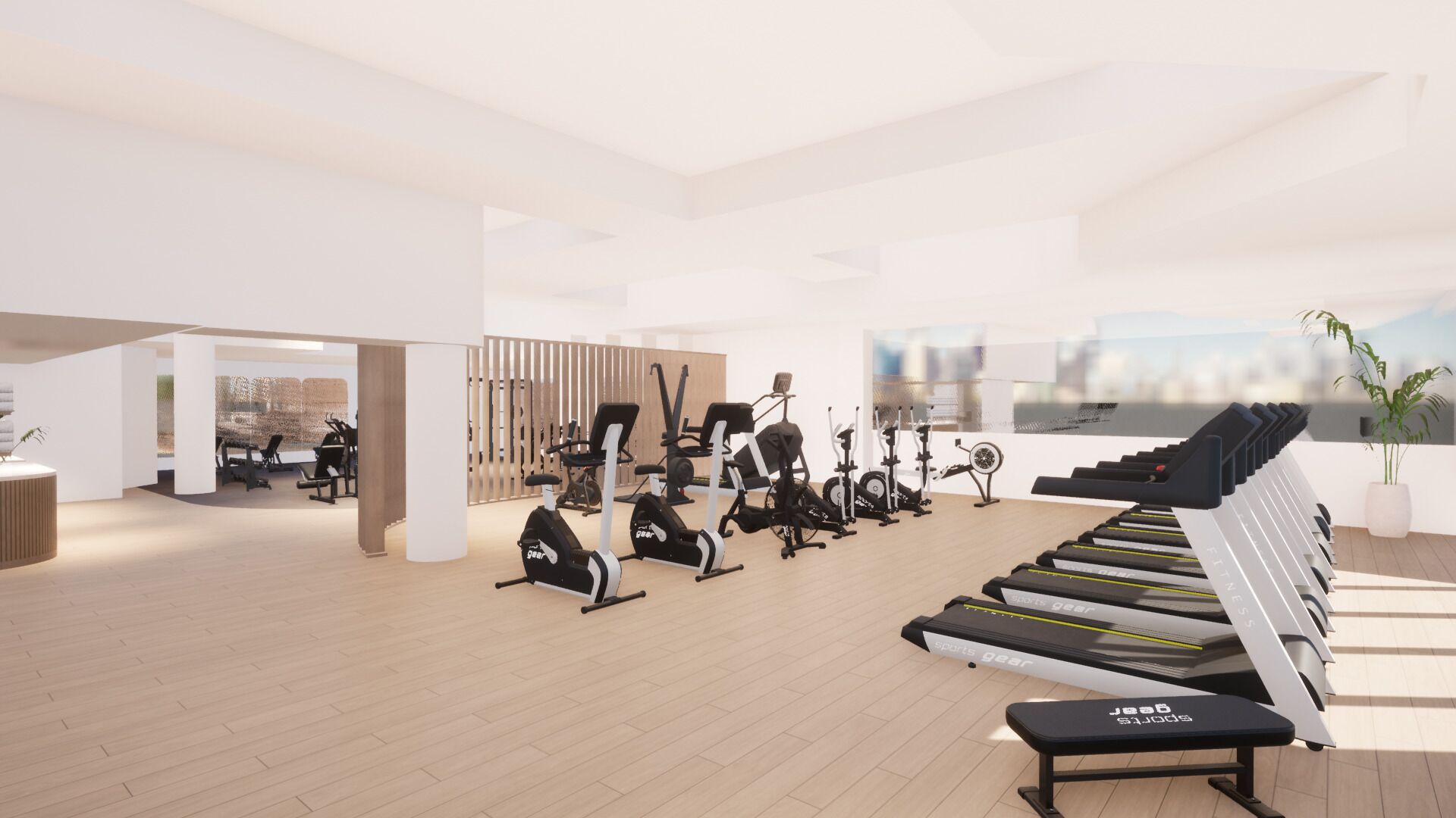 A modern gym with various exercise equipment, a bench, and a view of the city.