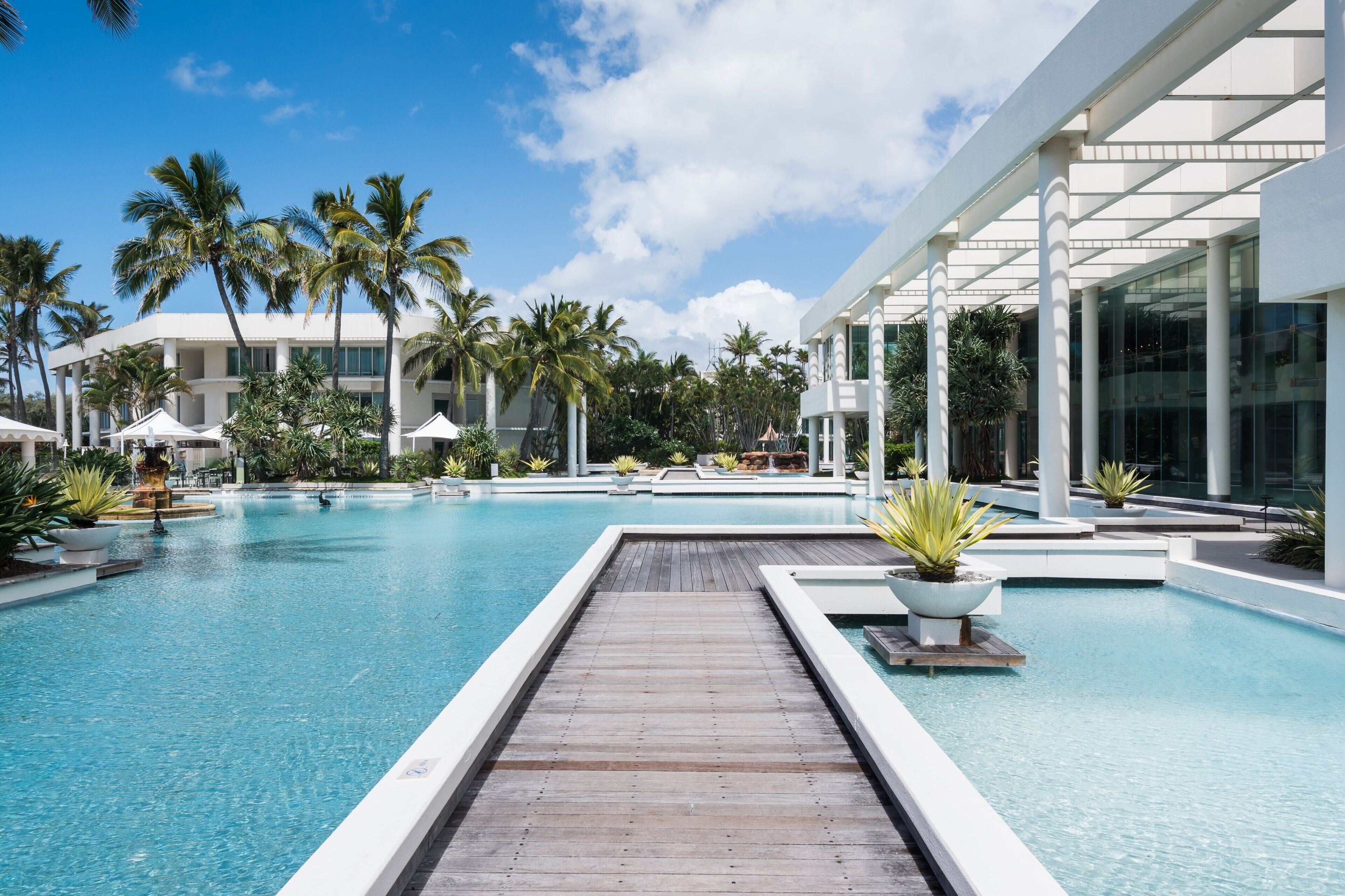 A resort pool with a wooden deck, palm trees, and a modern building with large windows.