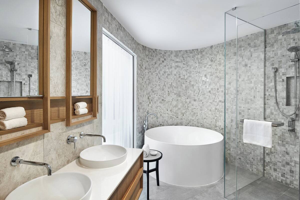 combined shower/bathtub, free toiletries, hair dryer, bathrobes