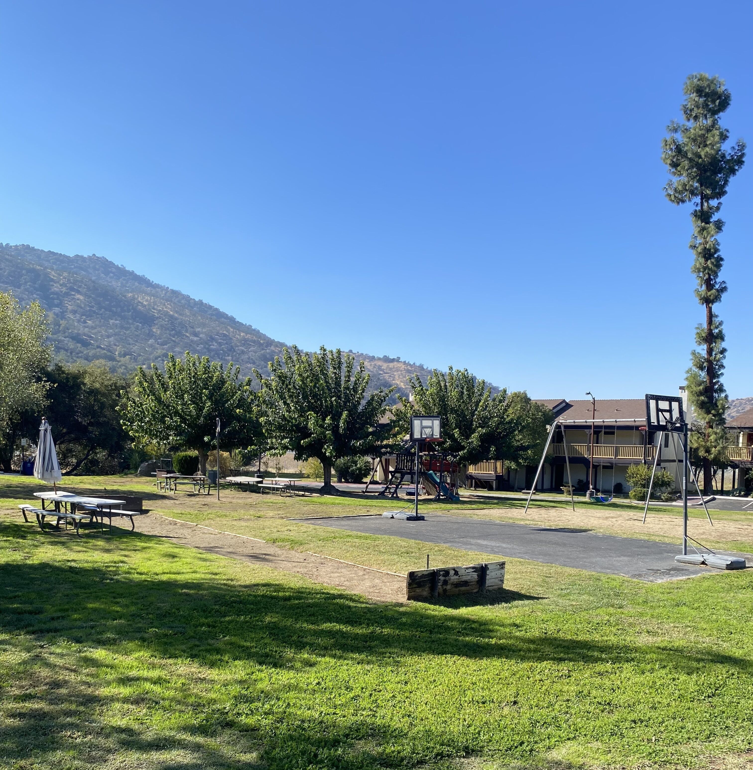 Ein Park mit Picknicktischen, einem Basketballplatz und Spielgeräten.