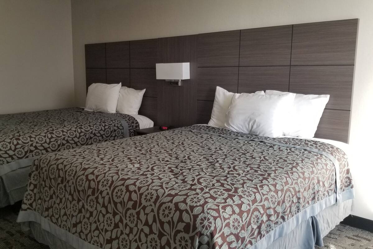 Una habitación de hotel con dos camas, cada una con ropa de cama estampada y almohadas blancas.