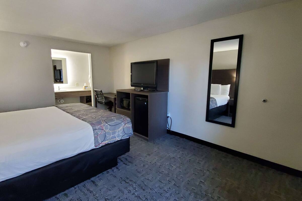 Habitación de hotel con una cama, un escritorio con computadora, televisor y un espejo grande.