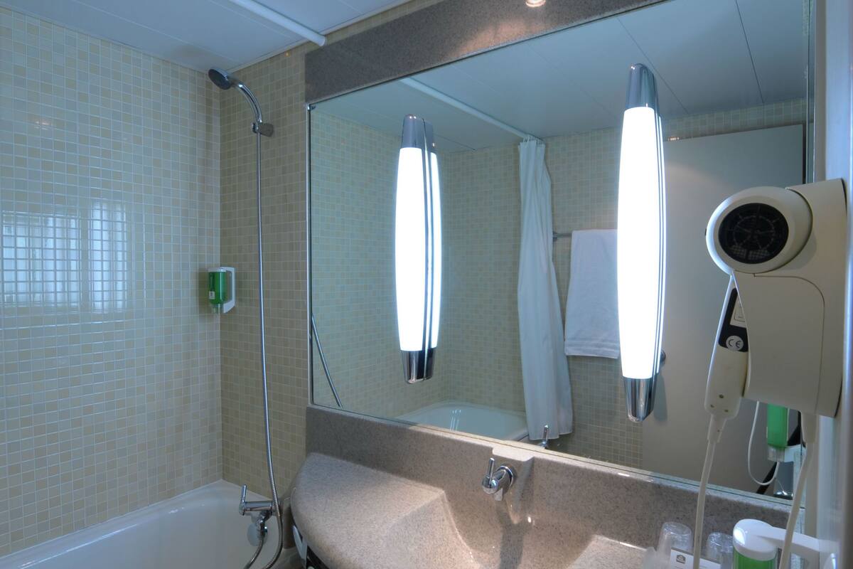 combined shower/bathtub, free toiletries, hair dryer, towels