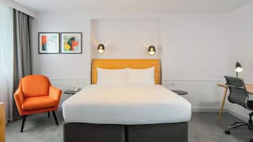 Desk, laptop workspace, blackout drapes, iron/ironing board