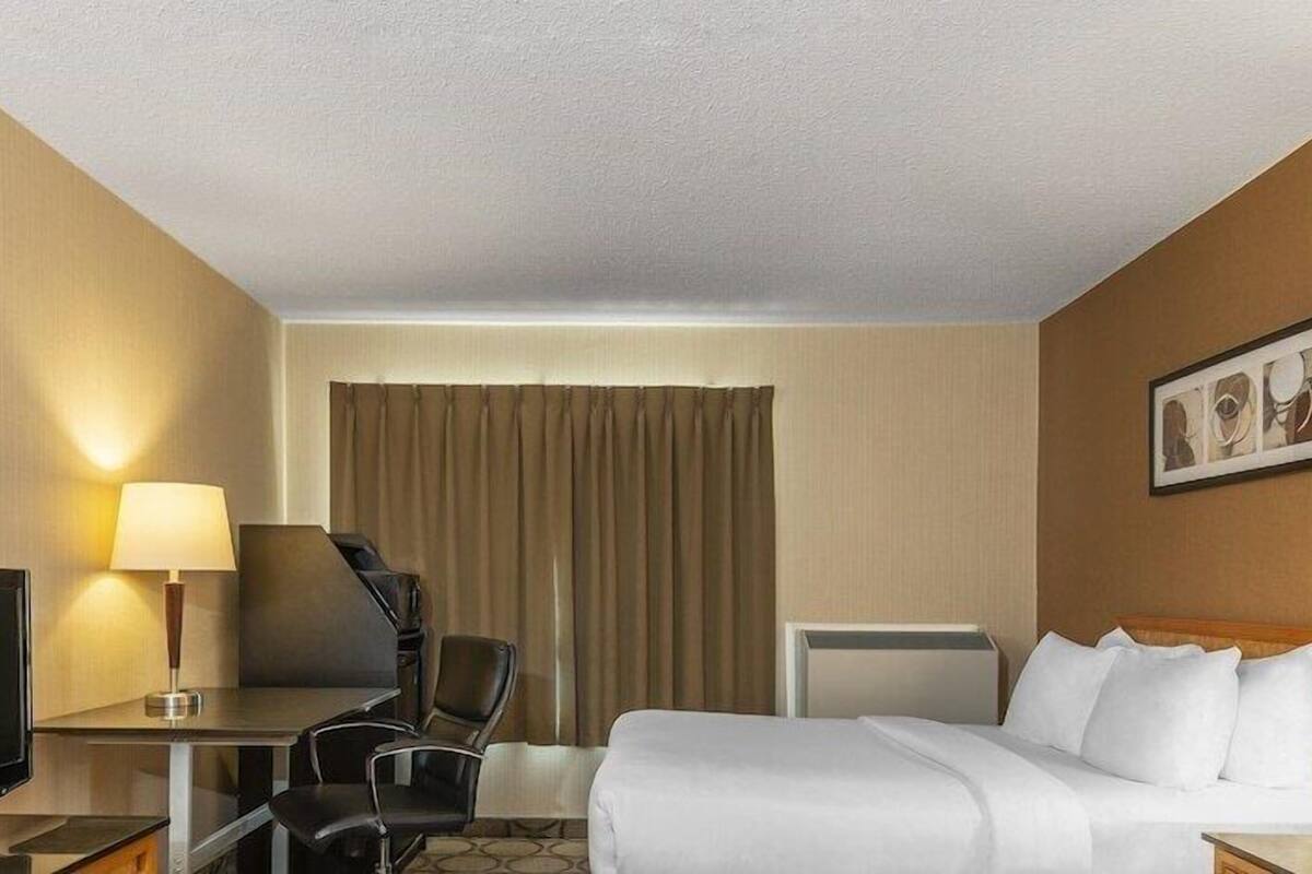 A hotel room with a bed, a desk with a TV, two chairs, a lamp, a window with curtains, and a framed picture on the wall.