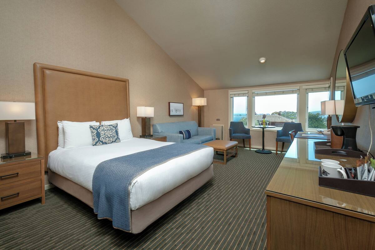 A hotel room with a large bed, a desk, a sofa, and a TV.