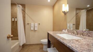 A bathroom with a bathtub, a shower, a toilet, and a vanity with a sink.